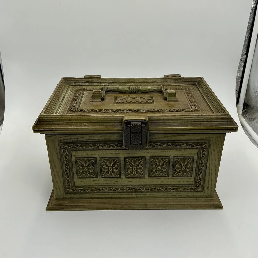 Vintage 60s Max Klein Avocado Green Green Plastic Sewing Box Faux Wood + STUFF!